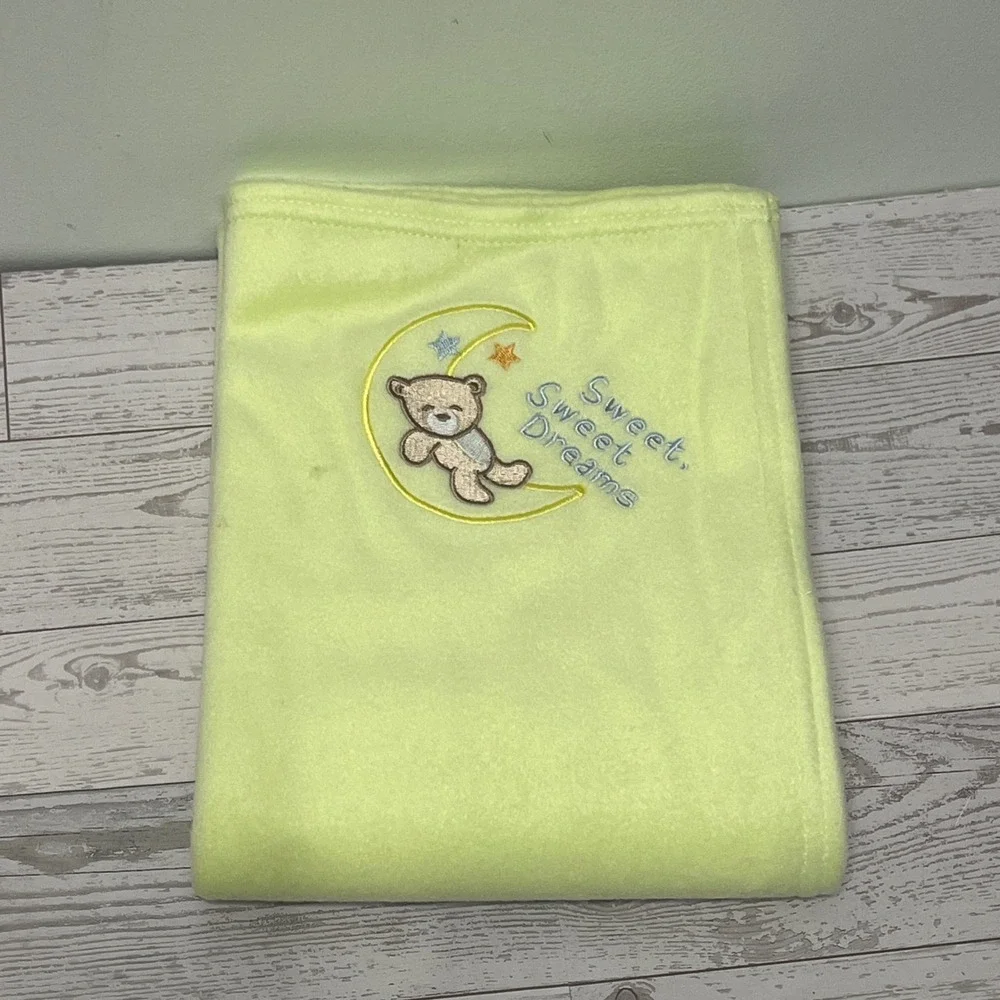 VTG Fisher-Price Fleece‎ Baby Blanket Green Teddy Bear Moon Sweet Dreams 2005